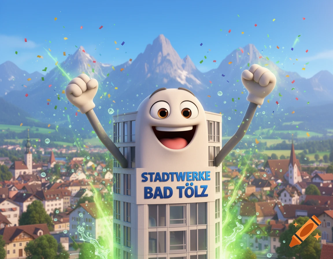 A cheerful Pixar-style building named Stadtwerke Bad Tölz with arms raised in celebration over a town and mountains, with confetti.