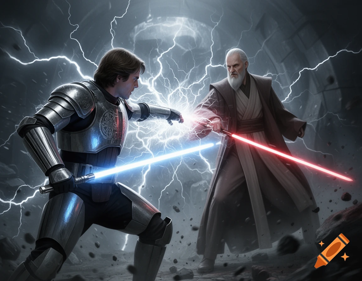 Galen Marek in armor dueling Count Dooku with lightsabers and force lightning amidst a storm of energy.