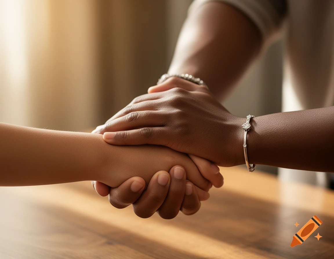Close-up of three hands of varying skin tones stacked on top of each other on a wooden table, symbolizing unity and support.