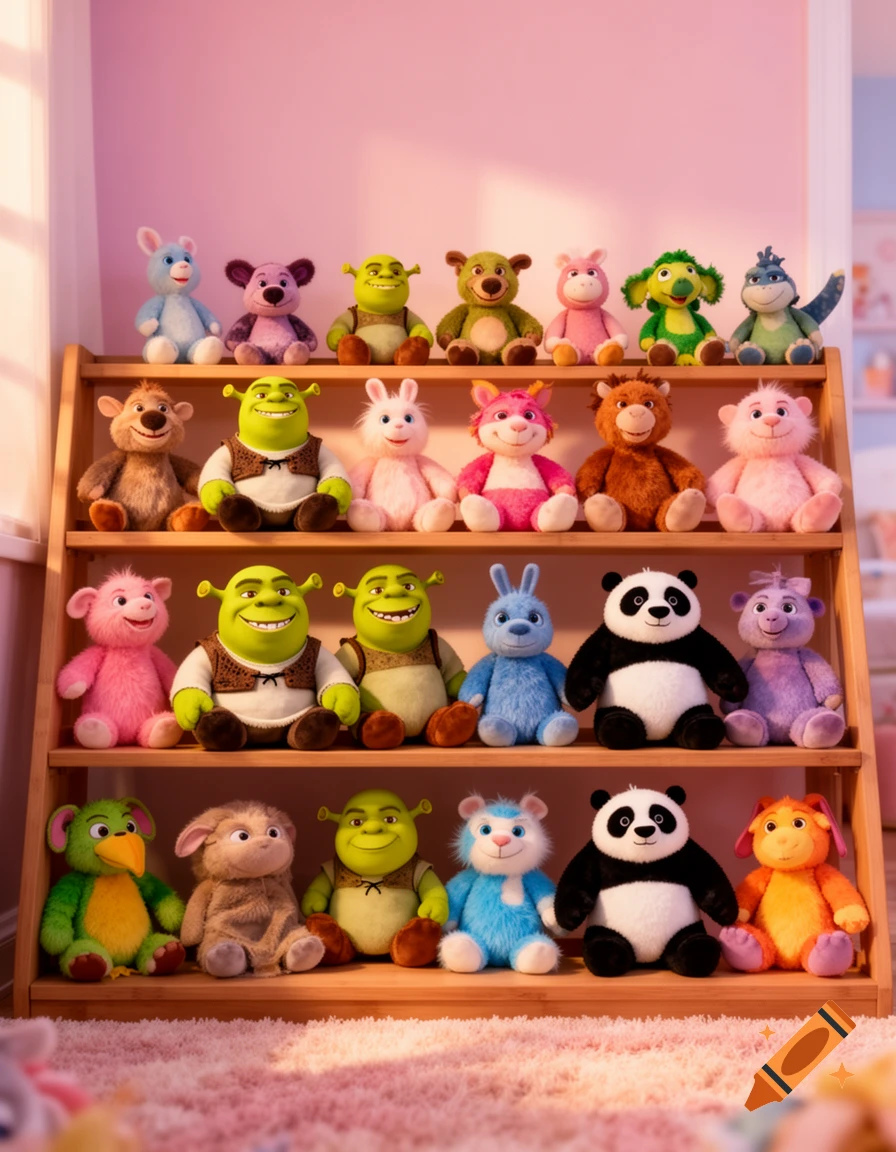 A wooden shelf displays many colorful plush toys, including Shrek, pandas, and various cartoon animals, in a softly lit room.