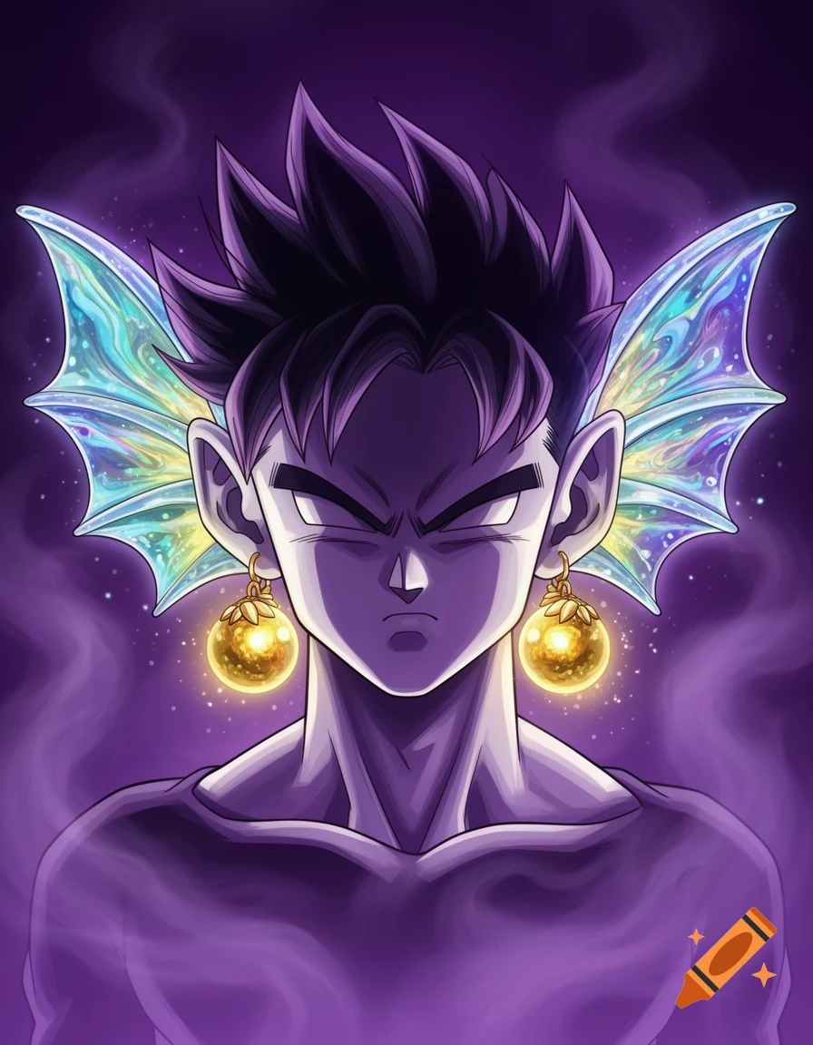 Anime character with spiky dark hair, iridescent fin-like ears, and glowing golden orb earrings, against a smoky purple background.
