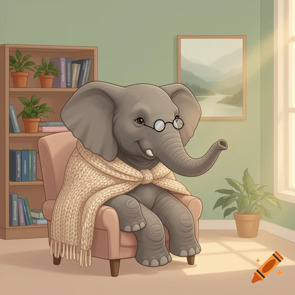 Cartoon elephant with glasses and a knit blanket sits in an armchair by a bookshelf and window in a softly lit room.