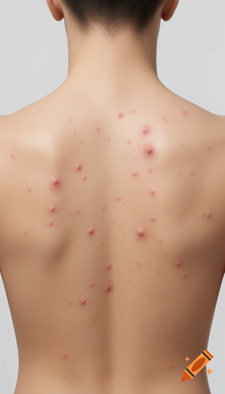 Skincare educational illustration of an upper human back with mild body acne and blemishes on a neutral background.