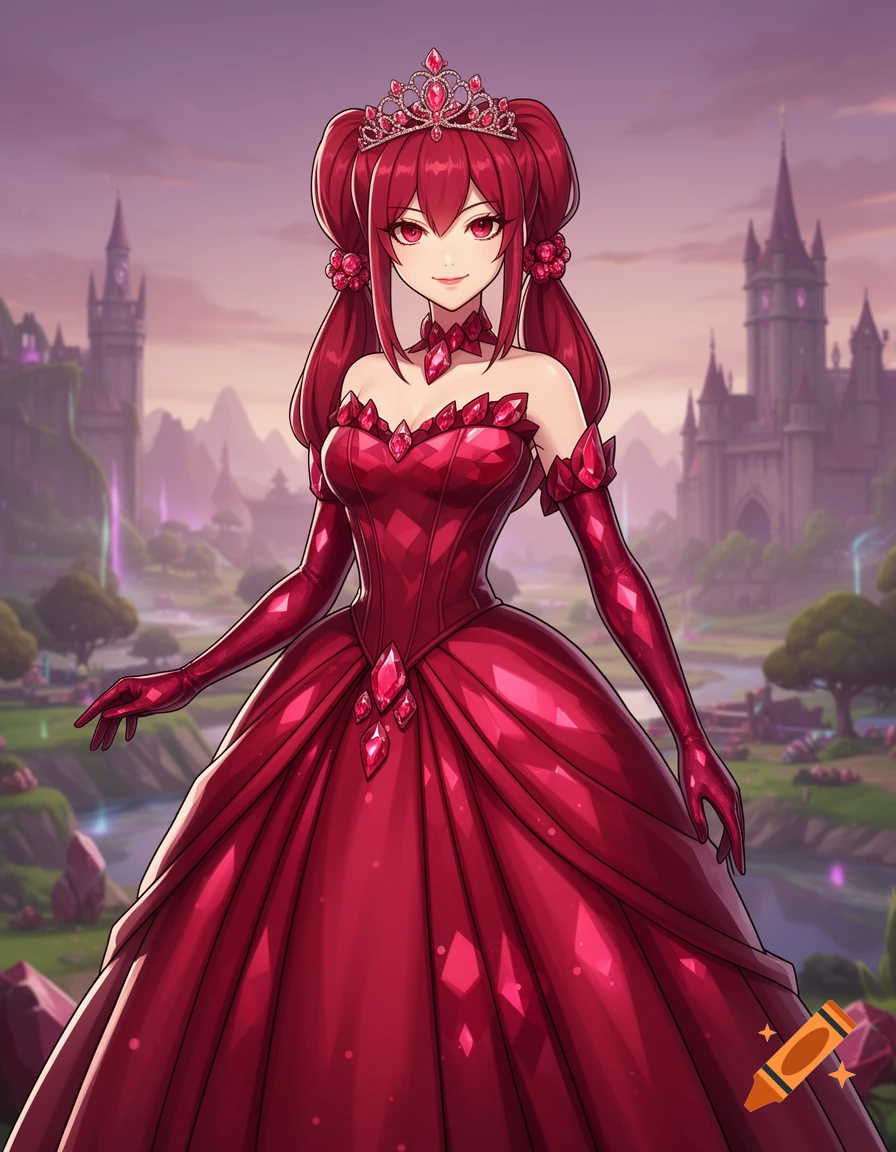 Anime girl with red hair and eyes, wearing a ruby princess dress, tiara, and gloves, in a fantasy castle landscape.