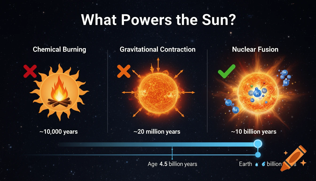 Educational infographic 'What Powers the Sun?' comparing chemical burning, gravitational contraction, and nuclear fusion.