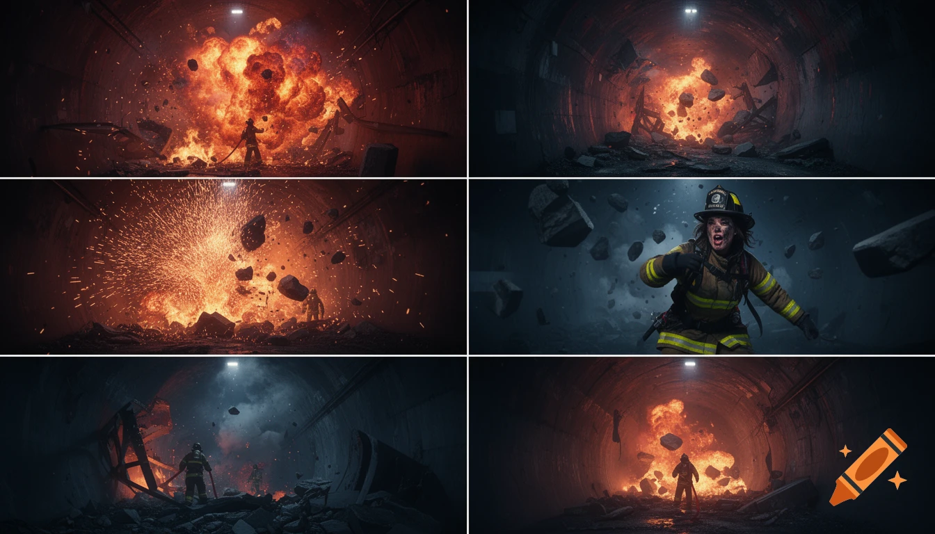 Multiple panels show firefighters battling massive explosions and collapsing rubble in a dark tunnel, a distressed female firefighter visible.