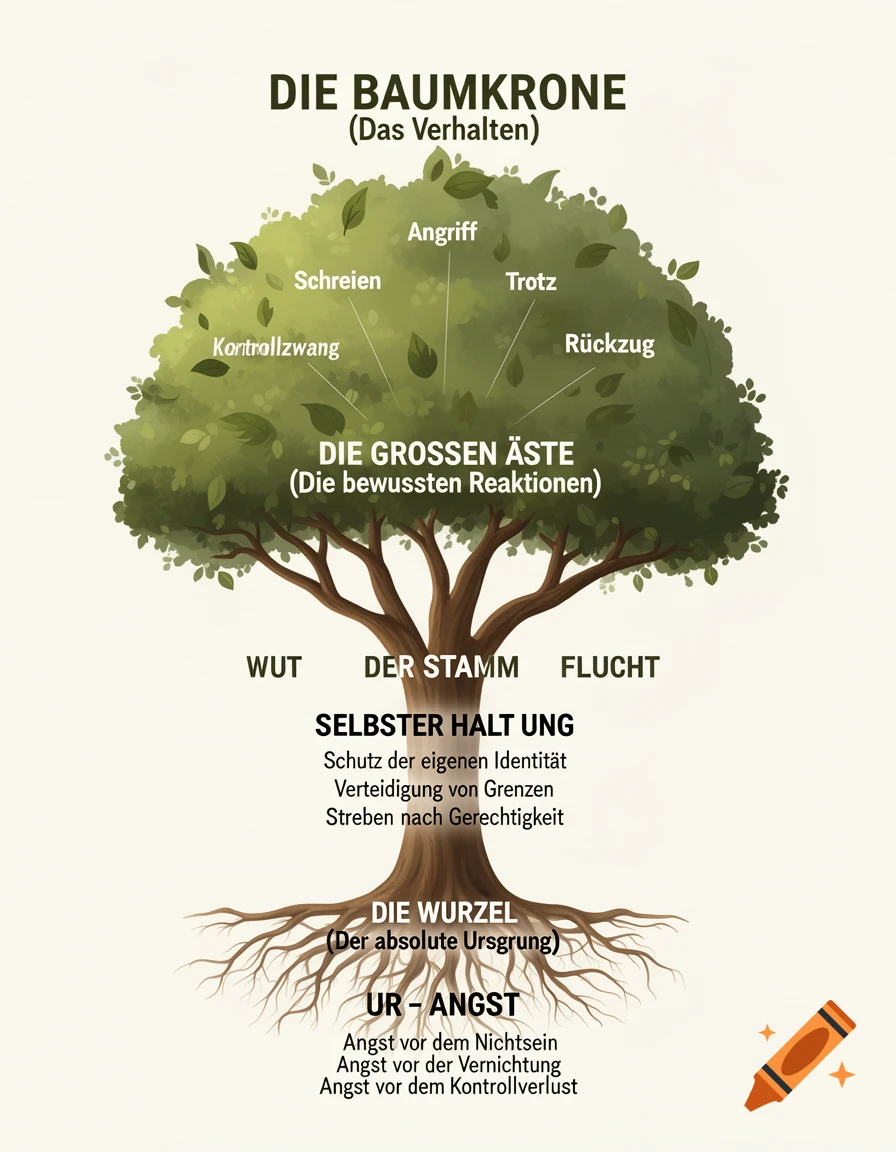 An infographic showing a tree representing psychological concepts, with different parts of the tree labeled in German to illustrate behavior, conscious reactions, self-preservation, and primal fear.