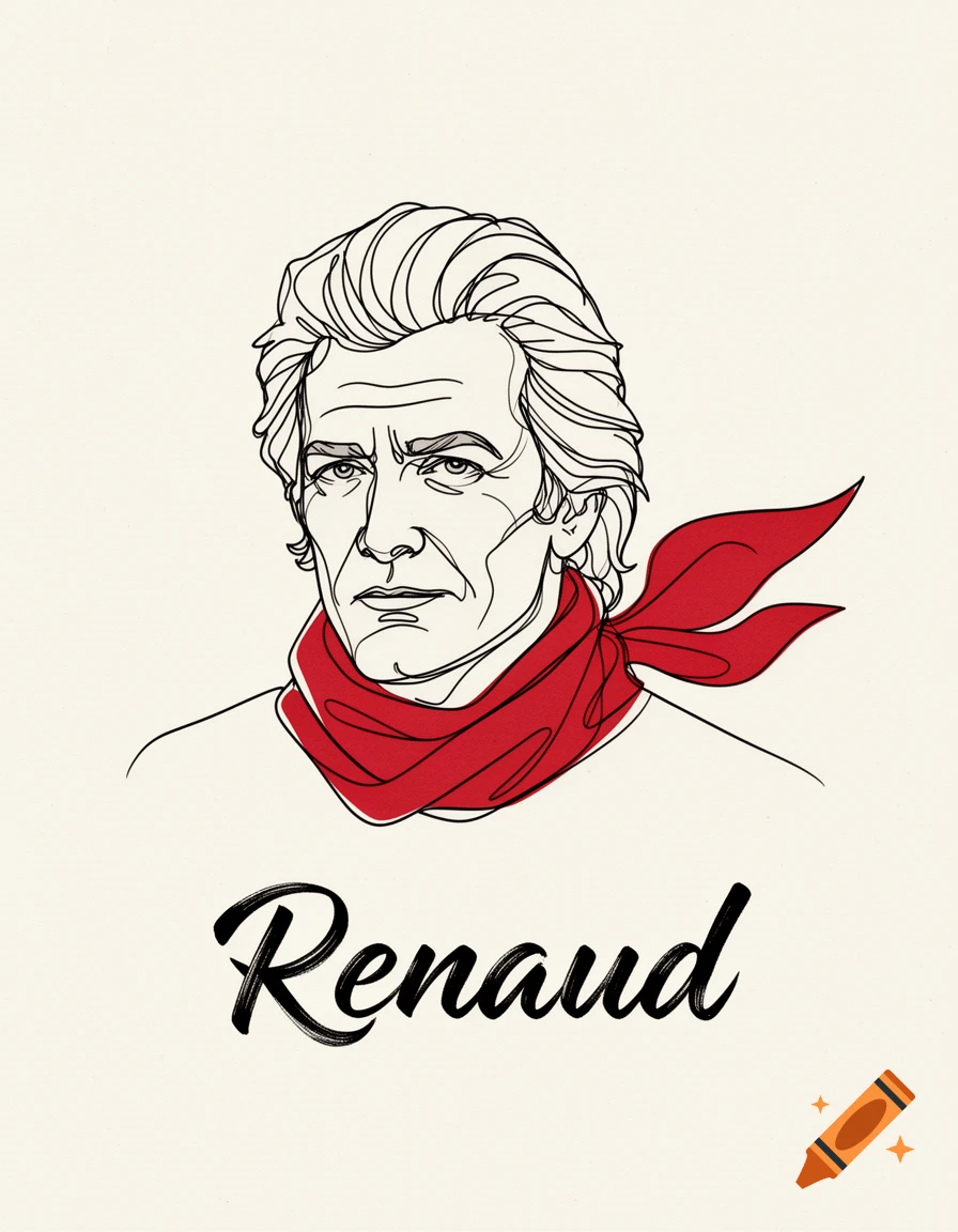 Line art portrait of a man with a red scarf, with the name "Renaud" written below in a brush script.