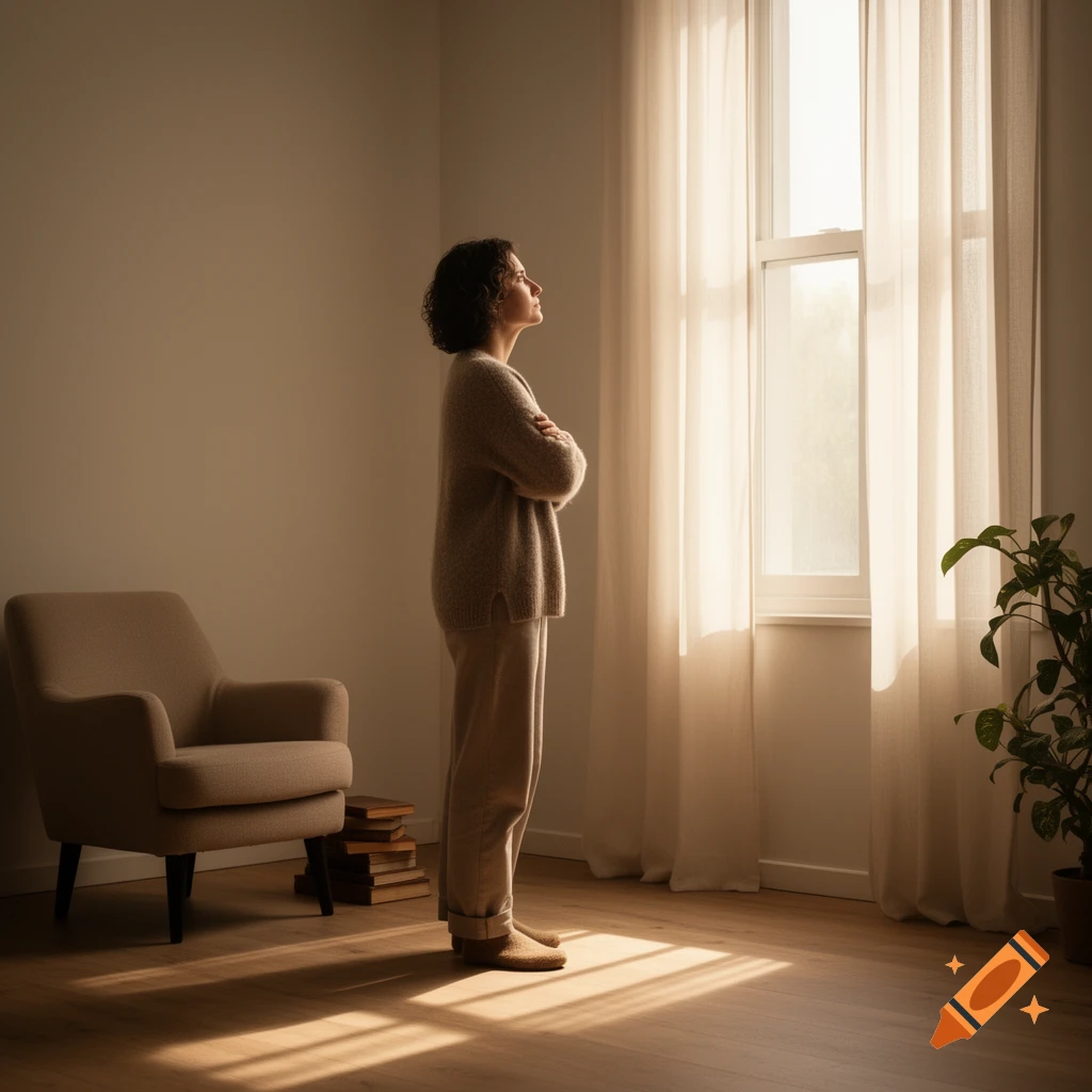 A woman stands with arms crossed, looking out a sunlit window in a minimalist room with an armchair and a plant.
