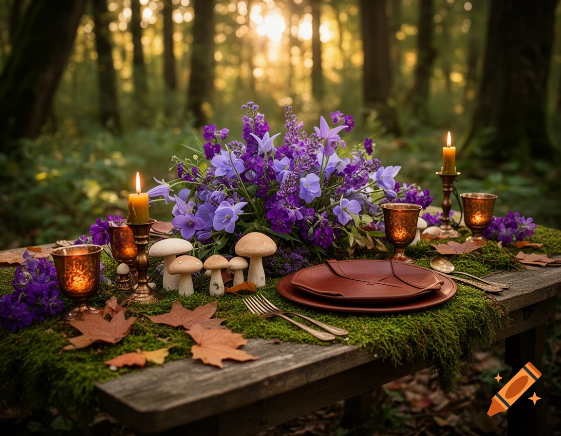 A magical woodland table setting with vibrant purple flowers, mushrooms, moss, candles, and rustic leather-look dinnerware.
