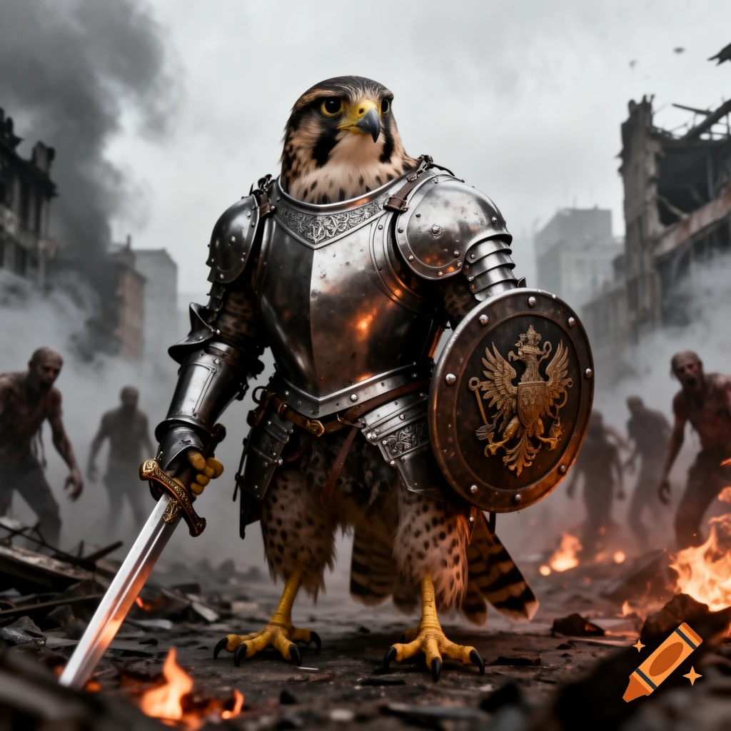 A photorealistic falcon in knight armor stands holding a sword and shield in a ruined, smoky city with zombies and fire.