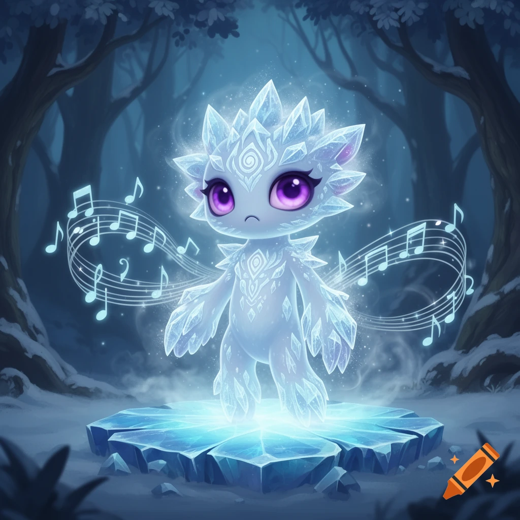 Whimsical ice creature with purple eyes stands on a glowing ice platform in a snowy forest, surrounded by musical notes.