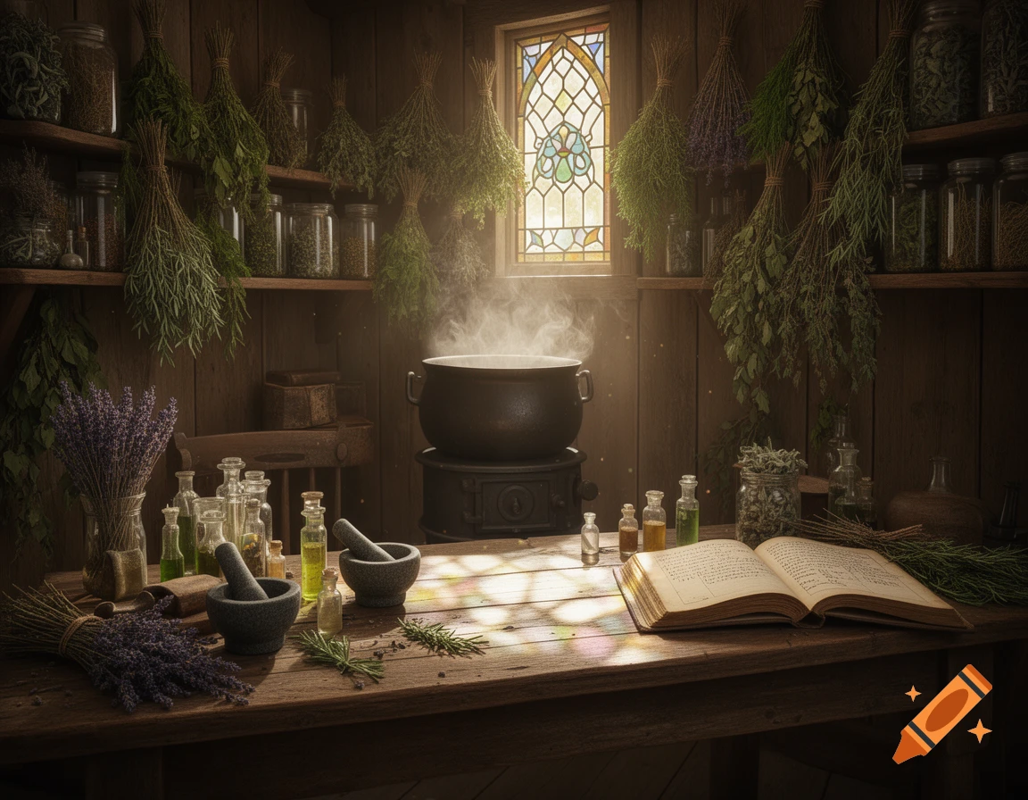 A rustic room with a steaming cauldron, bundles of dried herbs hanging, and an open book with potion ingredients on a wooden table.