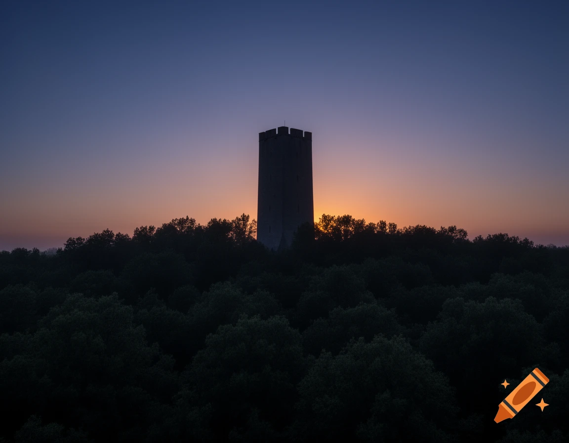 A dark silhouette of a square tower surrounded by a dense forest against a gradient orange and blue sunset sky.