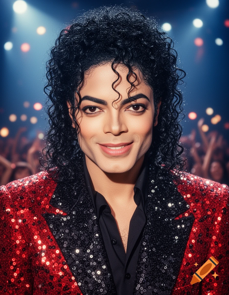 Photorealistic portrait of Michael Jackson smiling, wearing a red and black sequined jacket, with a blurry concert crowd background.
