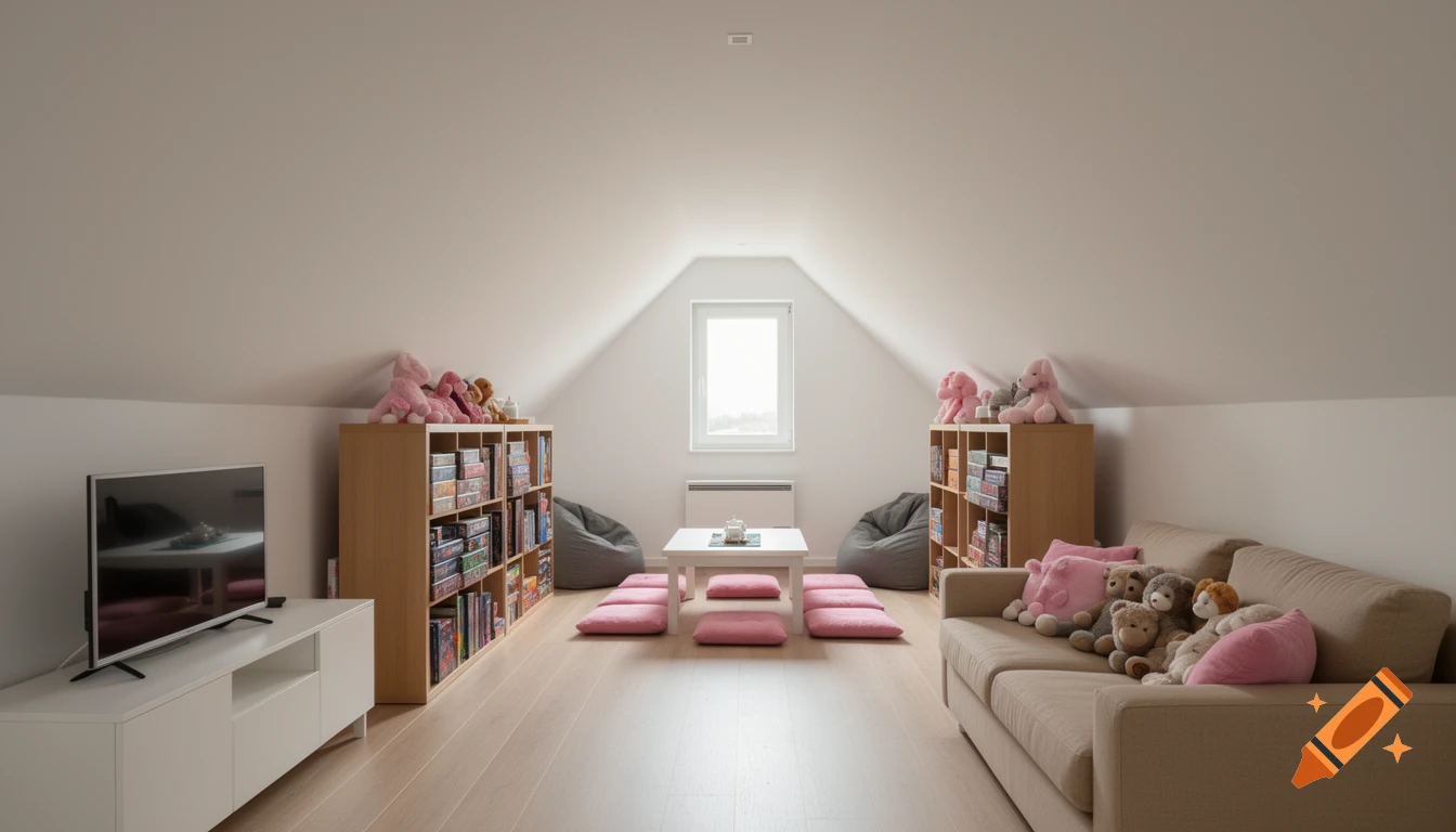 A bright, minimalist attic room with a TV, shelves filled with games, a sofa with plush toys, and a low table with floor cushions.