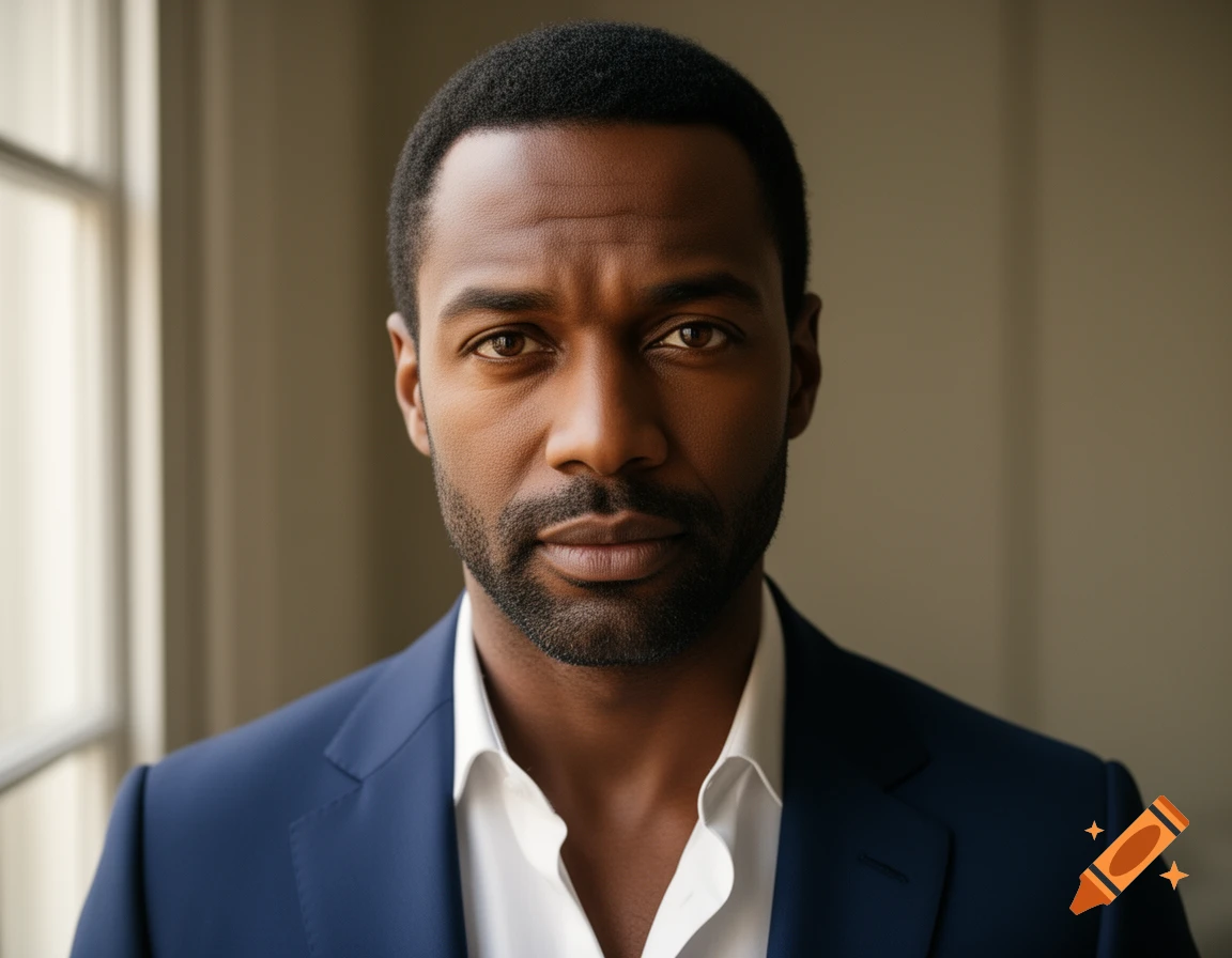 Photorealistic portrait of a serious-looking man with dark skin, a beard, and short hair, wearing a white shirt and a blue suit jacket.