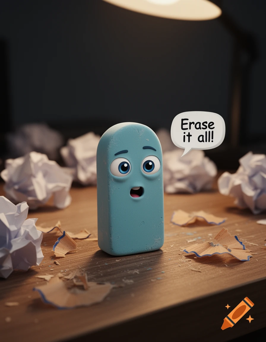 A cartoon blue eraser with big eyes and a mouth says 'Erase it all!' in a speech bubble, surrounded by crumpled paper and pencil shavings on a desk.