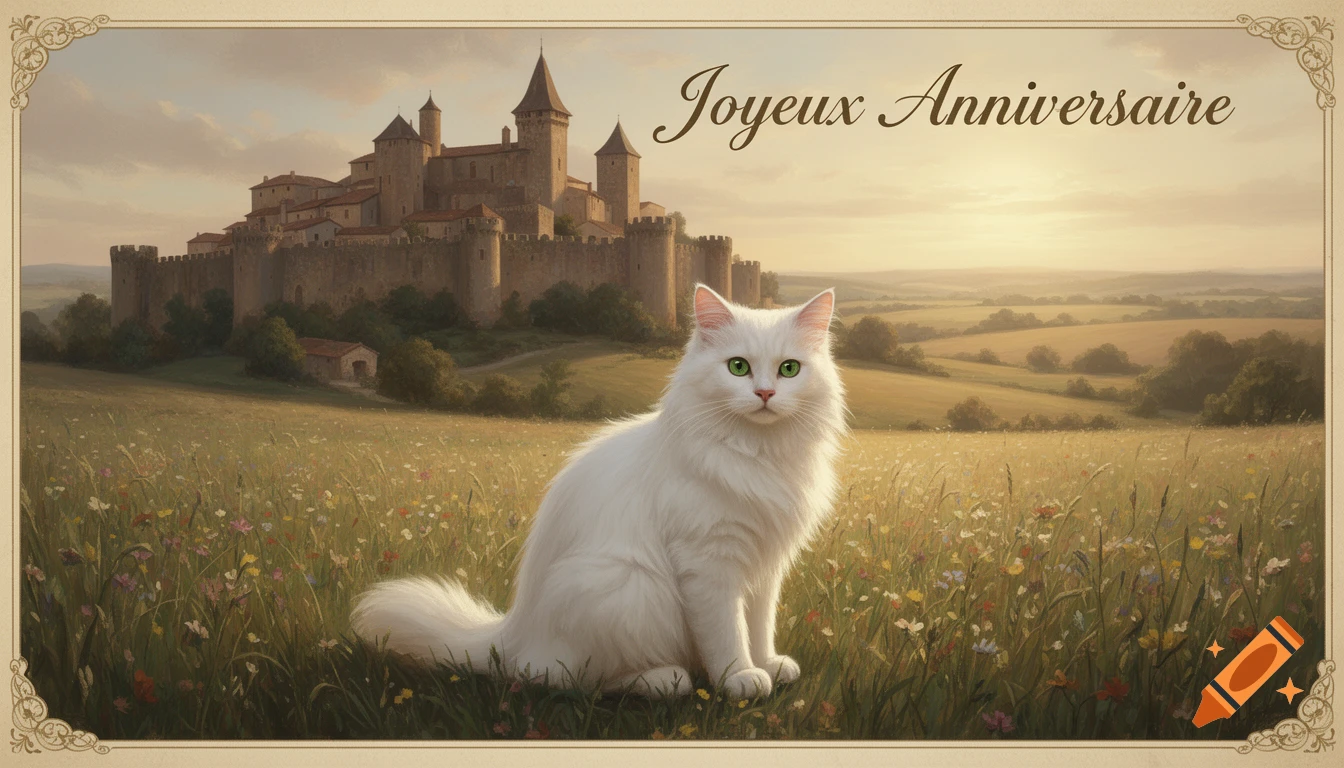A fluffy white cat with green eyes sits in a wildflower field before a medieval castle at sunset. "Joyeux Anniversaire" text.