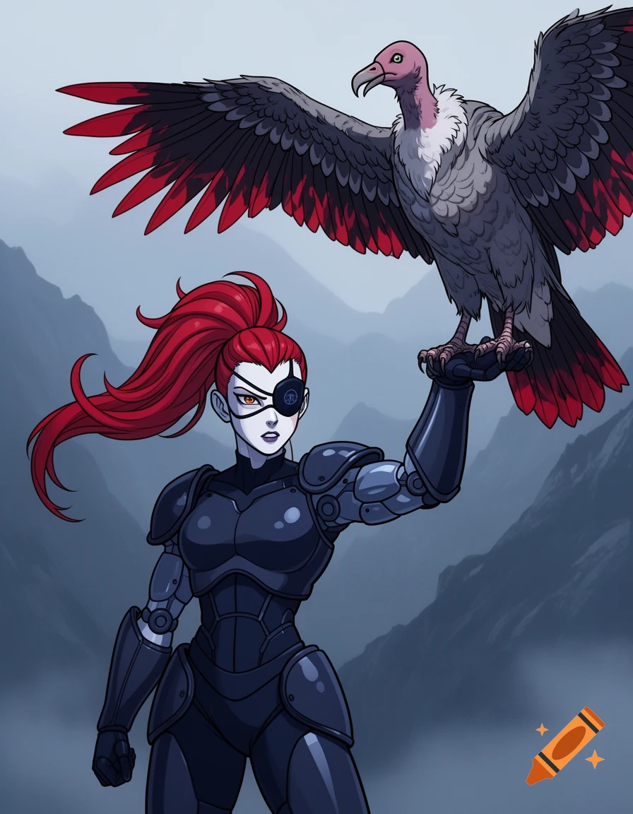 A red-haired character in dark armor with an eyepatch holds a large gray and red vulture on her arm, in an anime style.