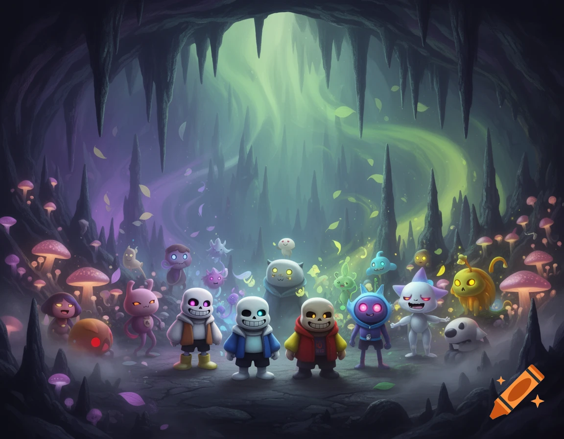 Cute cartoon characters resembling Undertale's Sans in a glowing fantasy cave with mushrooms and various creatures.