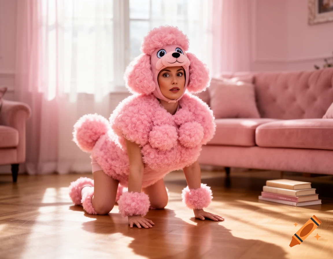 A woman in a fluffy pink poodle costume crouches on all fours in a pink-themed living room, looking directly at the viewer.