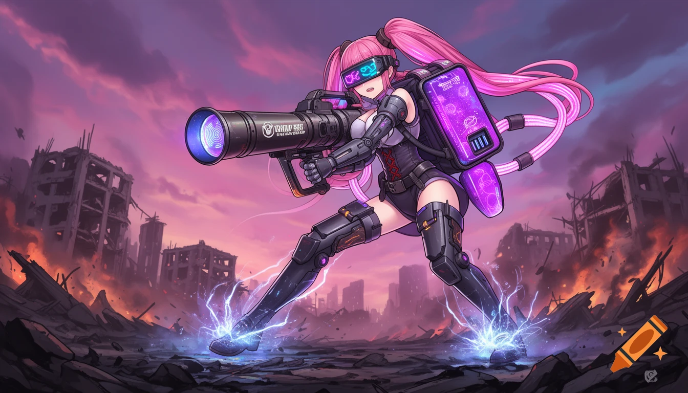 An anime-style character with pink pigtails, VR goggles, and futuristic armor holds a large glowing weapon, standing amidst a destroyed cityscape at dusk.
