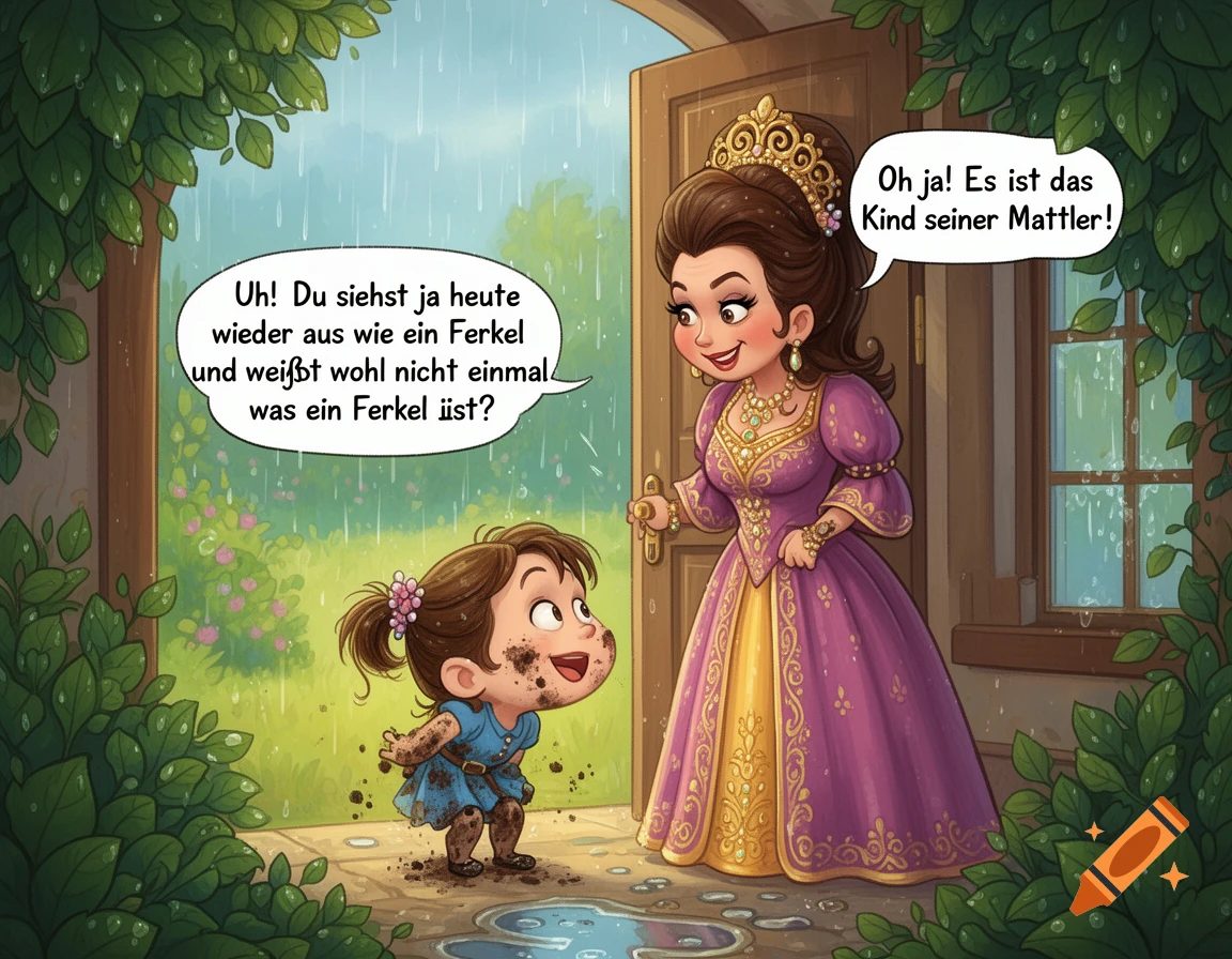 Cartoon illustration of a princess mother looking surprised at her young daughter covered in mud after playing in the rain, with speech bubbles.