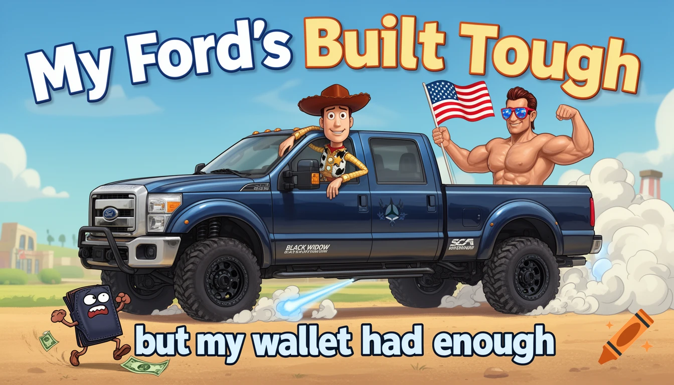 Cartoon Woody from Toy Story in a Ford F-450 truck, a muscular man with an American flag in the back, and a frantic wallet running away. Text says "My Ford's Built Tough but my wallet had enough".
