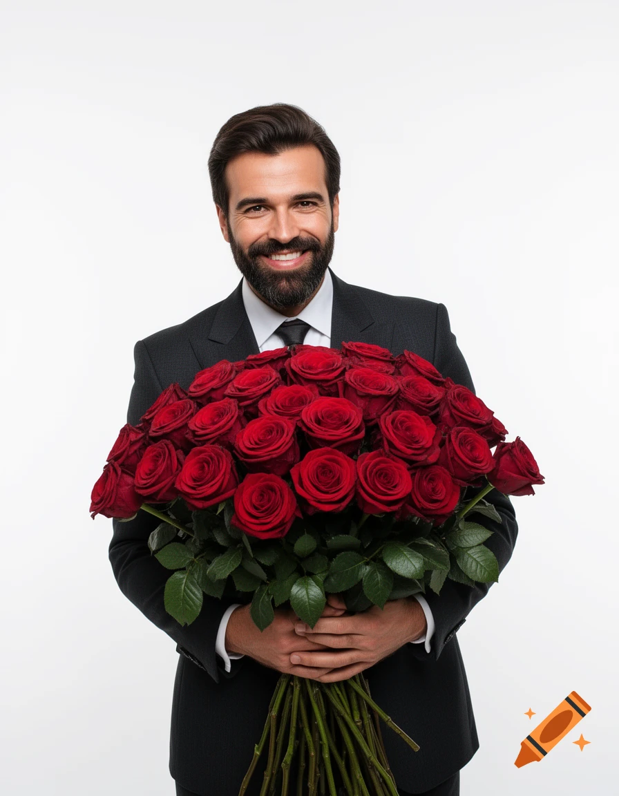A smiling bearded man in a suit holds a large bouquet of red roses against a white background.