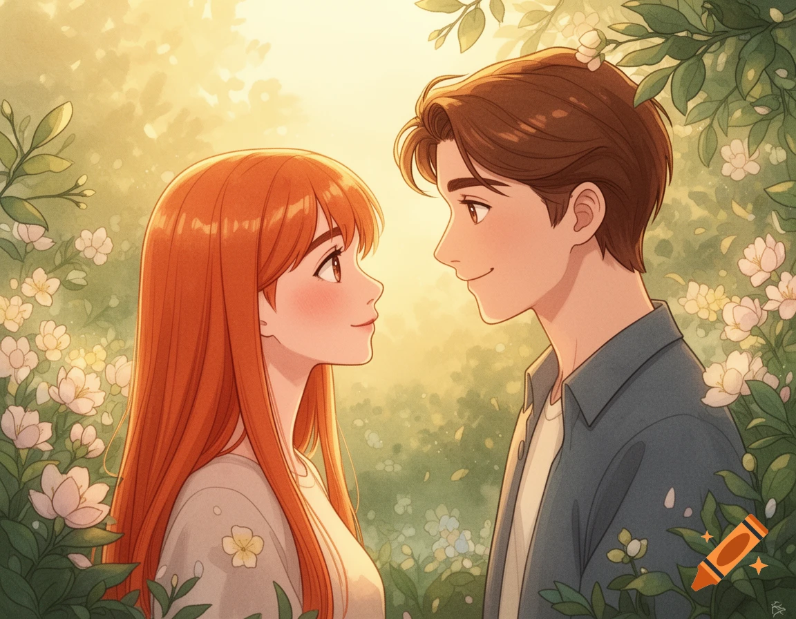 Anime illustration of a red-haired girl and a brown-haired boy gazing at each other in a sunlit garden with white flowers.