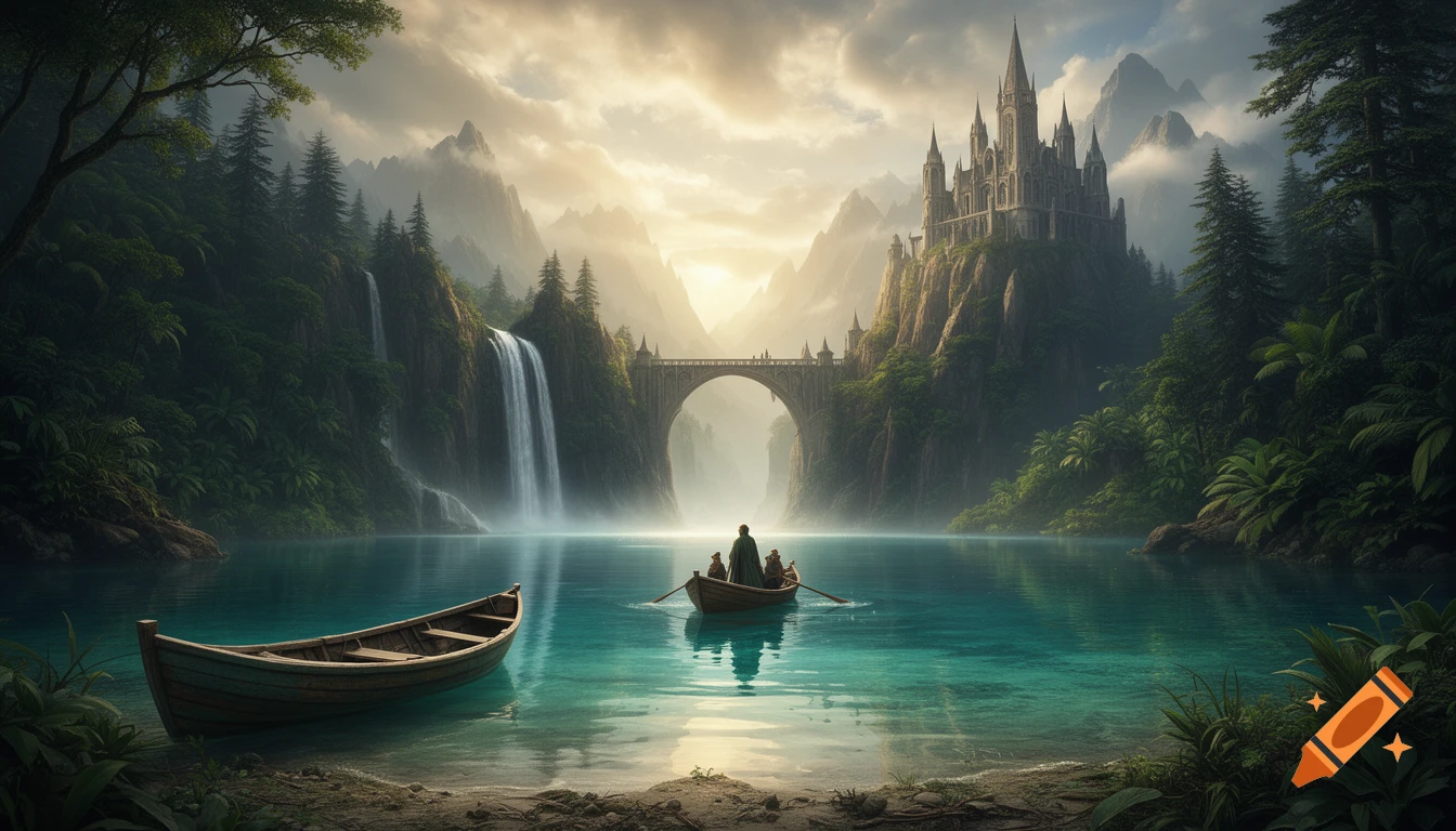 Photorealistic fantasy landscape with a gothic castle on a cliff, waterfalls, an arch bridge, and boats on a turquoise lake.