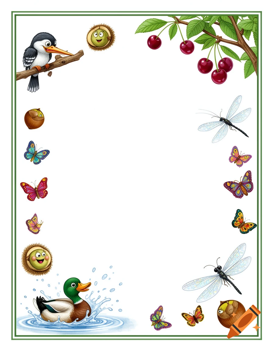 A playful illustrated border with cartoon kingfisher, duck, cherries, chestnuts, dragonflies, and butterflies surrounding a white space.