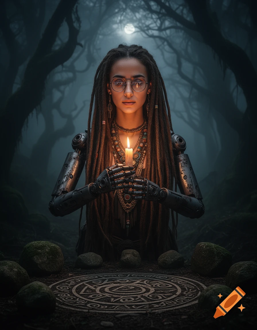 A woman with dreadlocks and robot arms holds a glowing candle at a ritual site in a dark, moonlit forest, dark fantasy style.