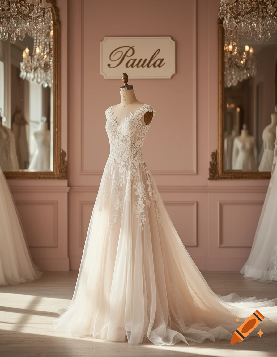 A white lace wedding dress on a mannequin in a bridal shop with pink walls, gold mirrors, chandeliers, and a 'Paula' sign.