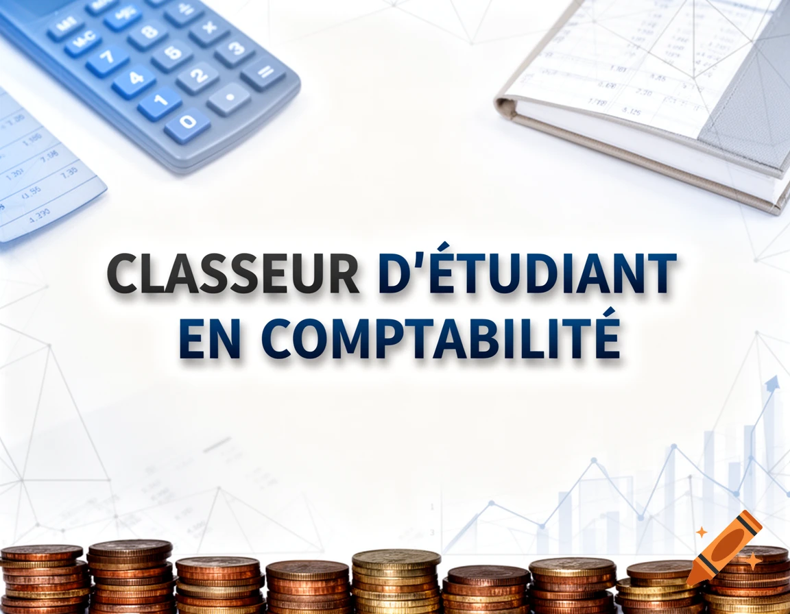 A calculator, notebook, and coin stacks around the text 'CLASSEUR D'ÉTUDIANT EN COMPTABILITÉ' on a white background.