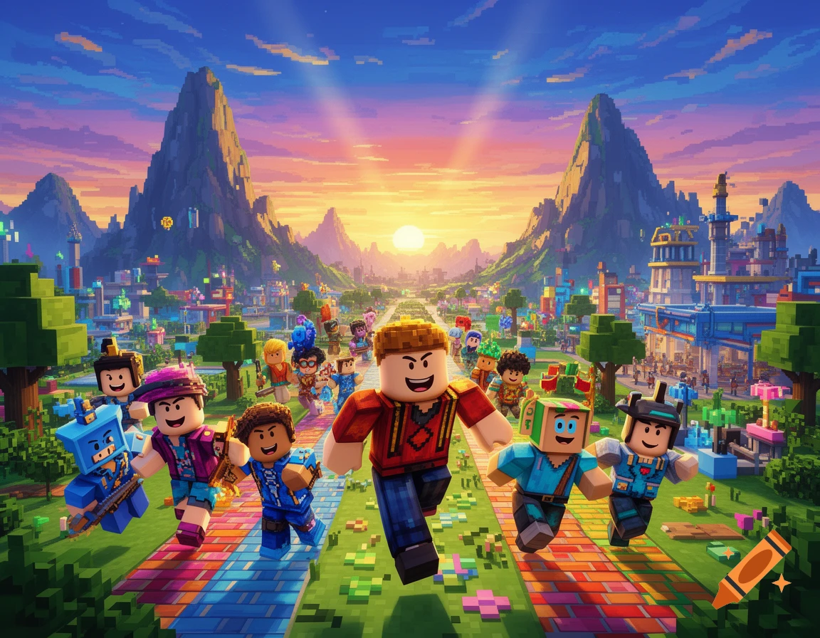 Pixel art of diverse Roblox-style characters running on a colorful path through a vibrant city and mountains at sunset.