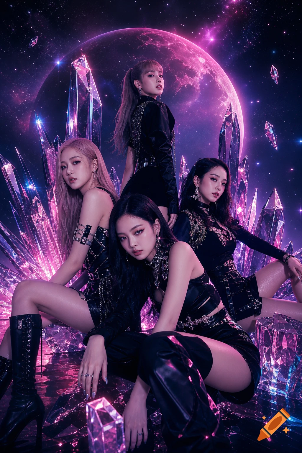 Four women in dark, stylish outfits pose among glowing purple crystals and stars against a purple planet backdrop, in a K-pop aesthetic.