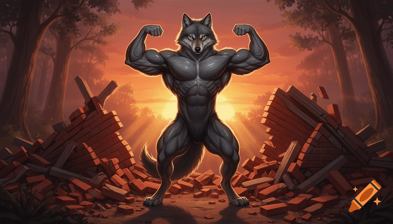 A muscular anthropomorphic wolf flexing in a double biceps pose amidst piles of brick rubble, against a sunset background.