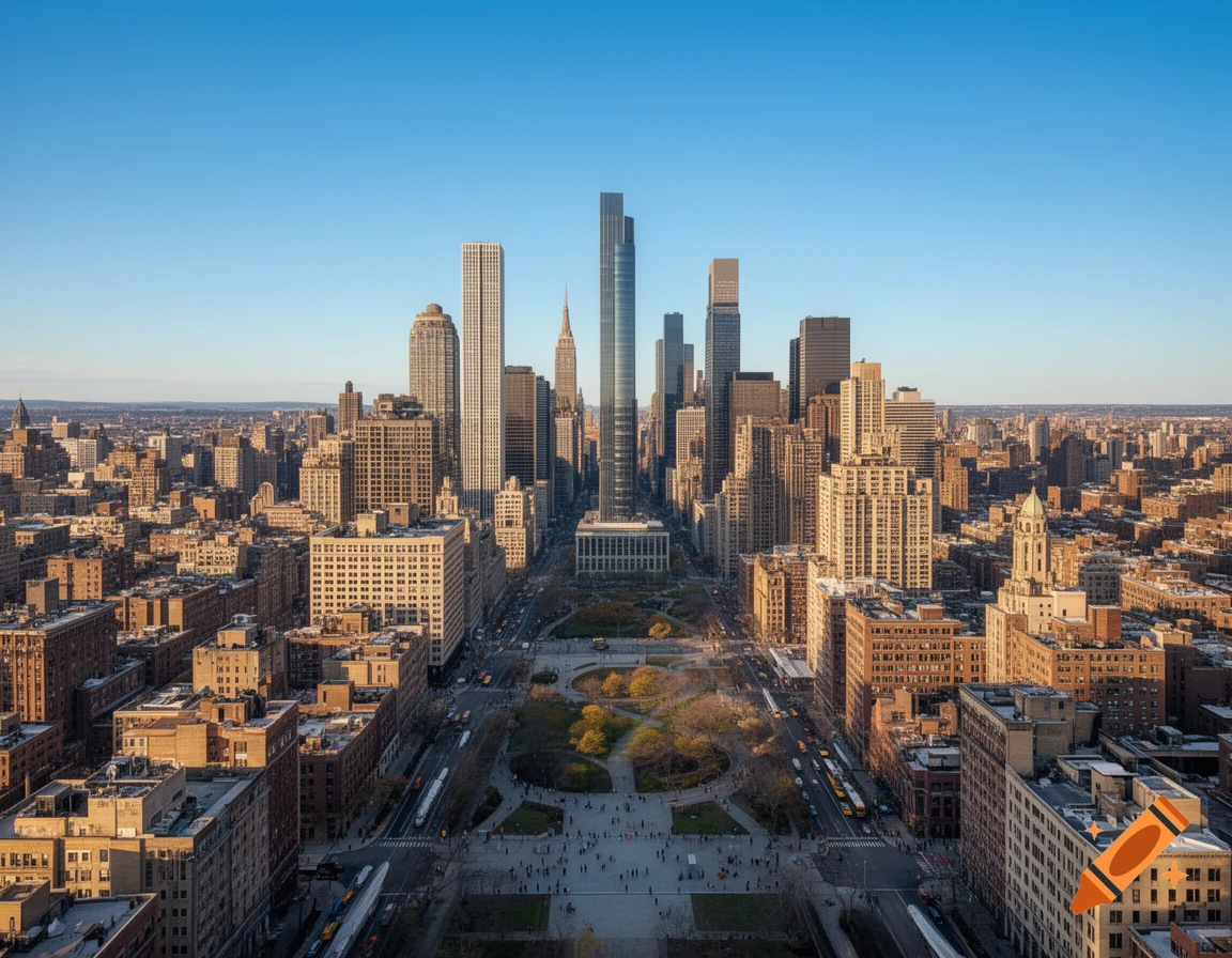 Aerial view of a sprawling cityscape with modern skyscrapers, a broad central avenue, and green park spaces under a clear sky.