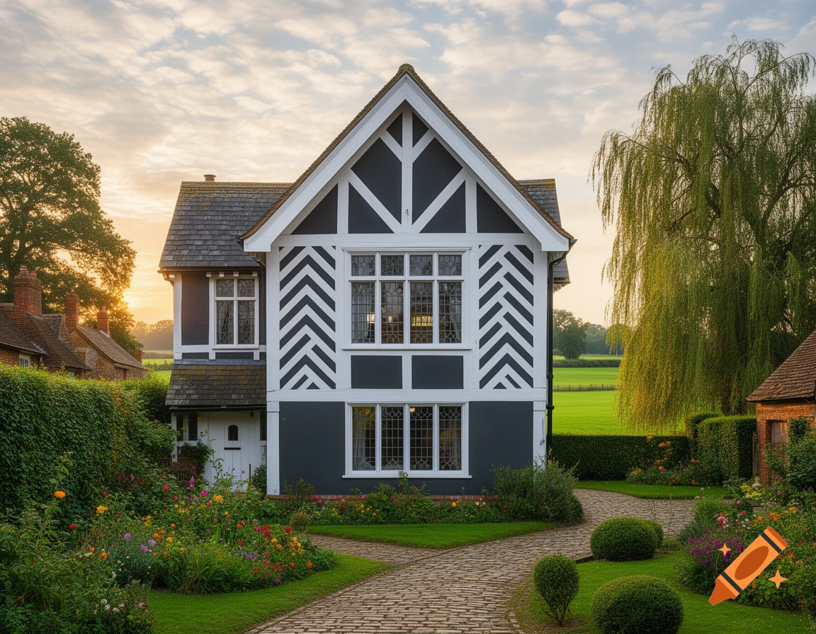 Photorealistic image of a mock Tudor house with charcoal gray walls and white beams, surrounded by a lush colorful garden at sunset.