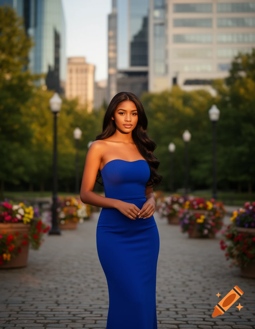 Young woman with long dark hair in a strapless blue gown stands on a cobblestone path lined with flowers, city buildings in background.