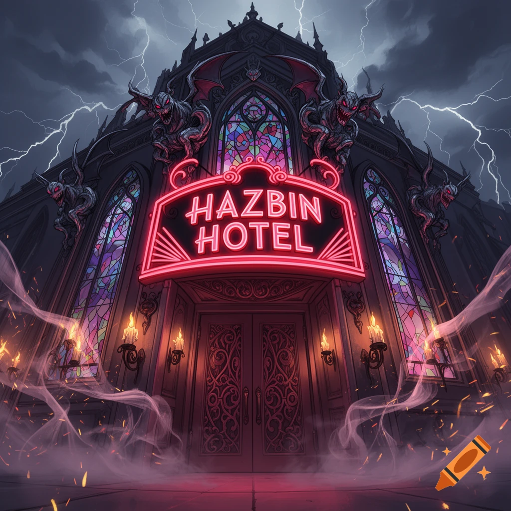 A dramatic, low-angle view of a gothic hotel with a neon 'HAZBIN HOTEL' sign, gargoyles, and lightning in a stormy sky.