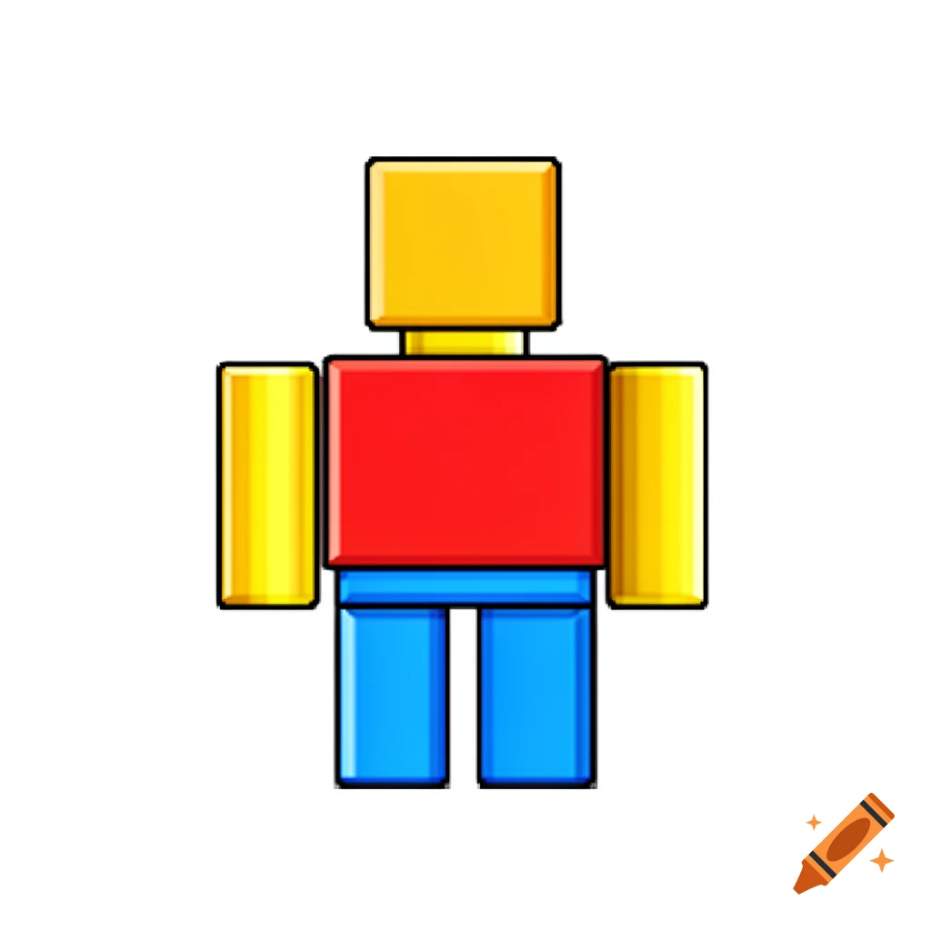 A blocky figure resembling a Roblox avatar with a yellow head, red torso, blue pants, and yellow arms.