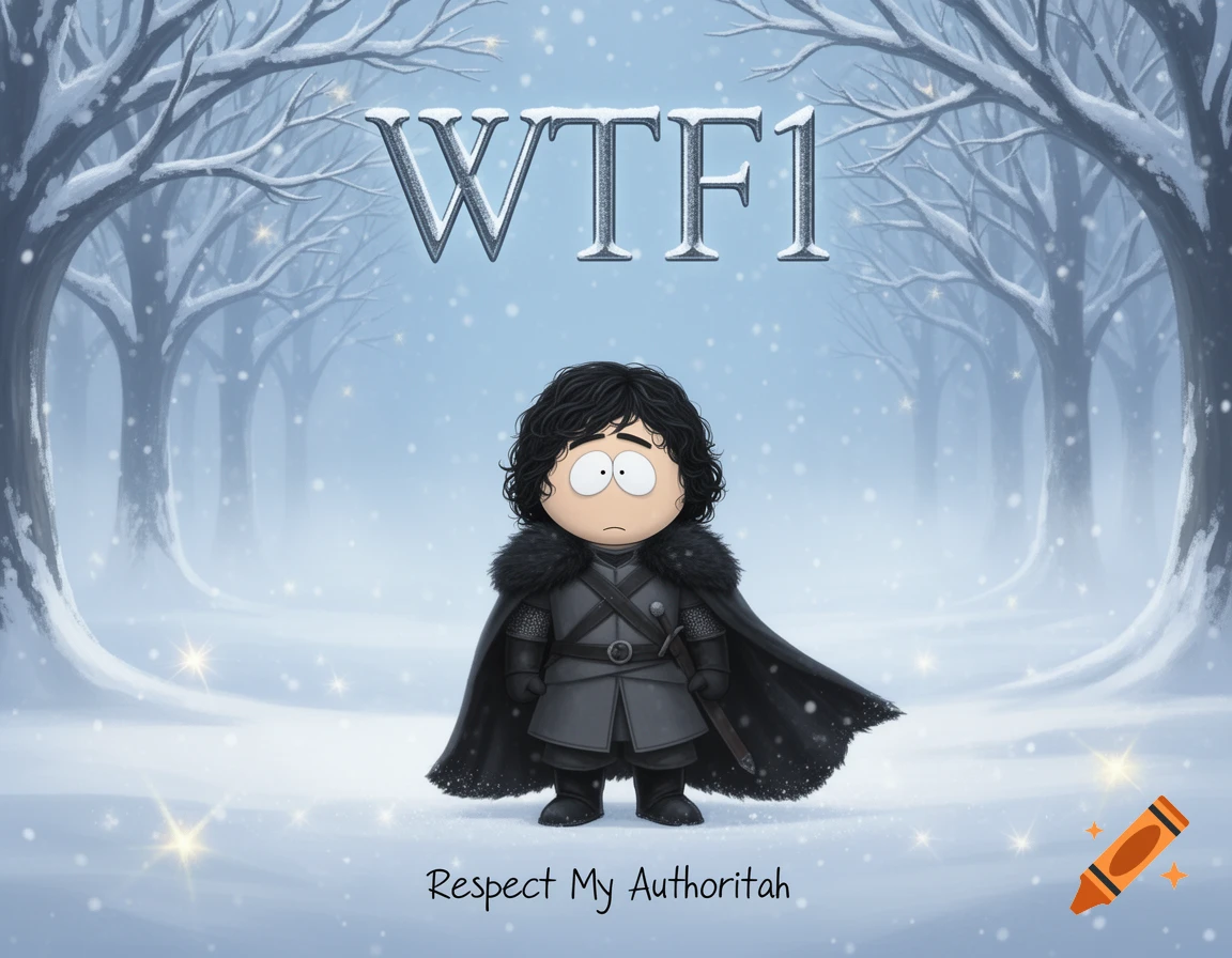 Cartoon Butters Stotch as Jon Snow stands in a snowy forest with text 'WTF1' and 'Respect My Authoritah'.