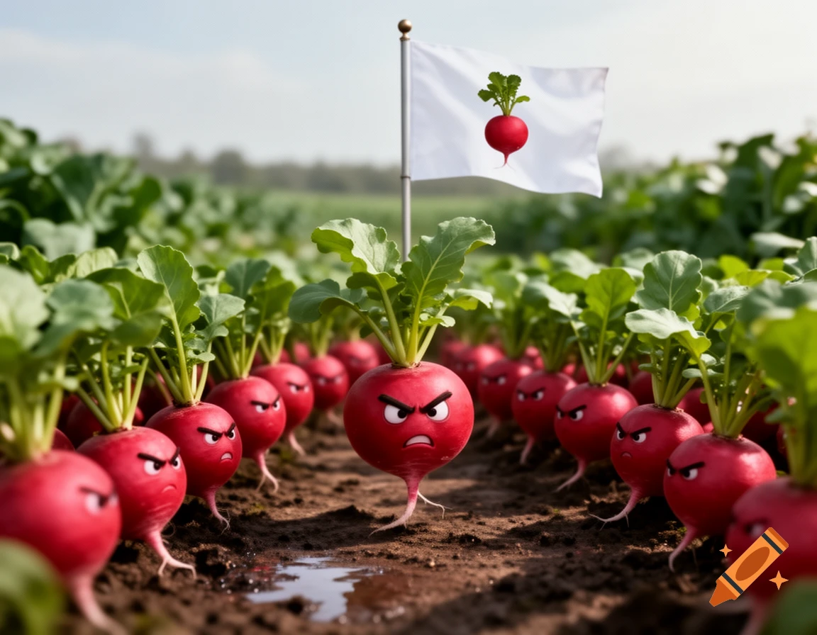 Angry radish soldiers stand in rows in a field under a white flag with a radish symbol.