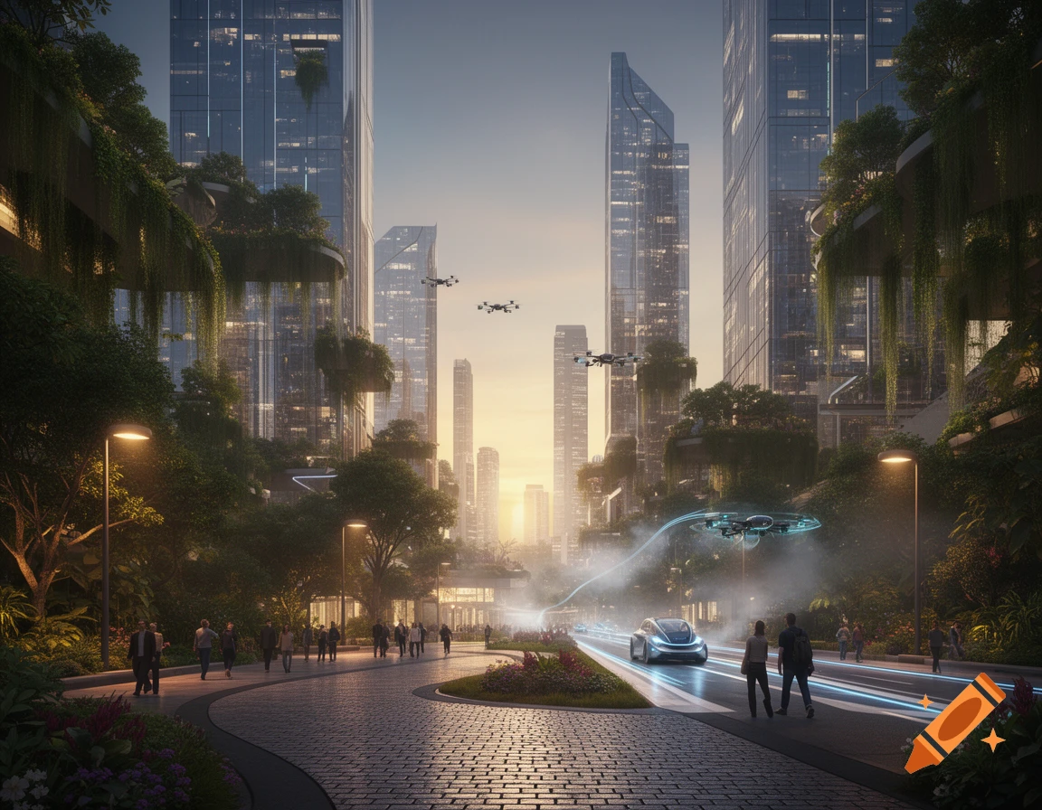 A vibrant, futuristic city street with tall buildings covered in lush greenery, people walking, an autonomous car, and flying drones under a glowing sunset.