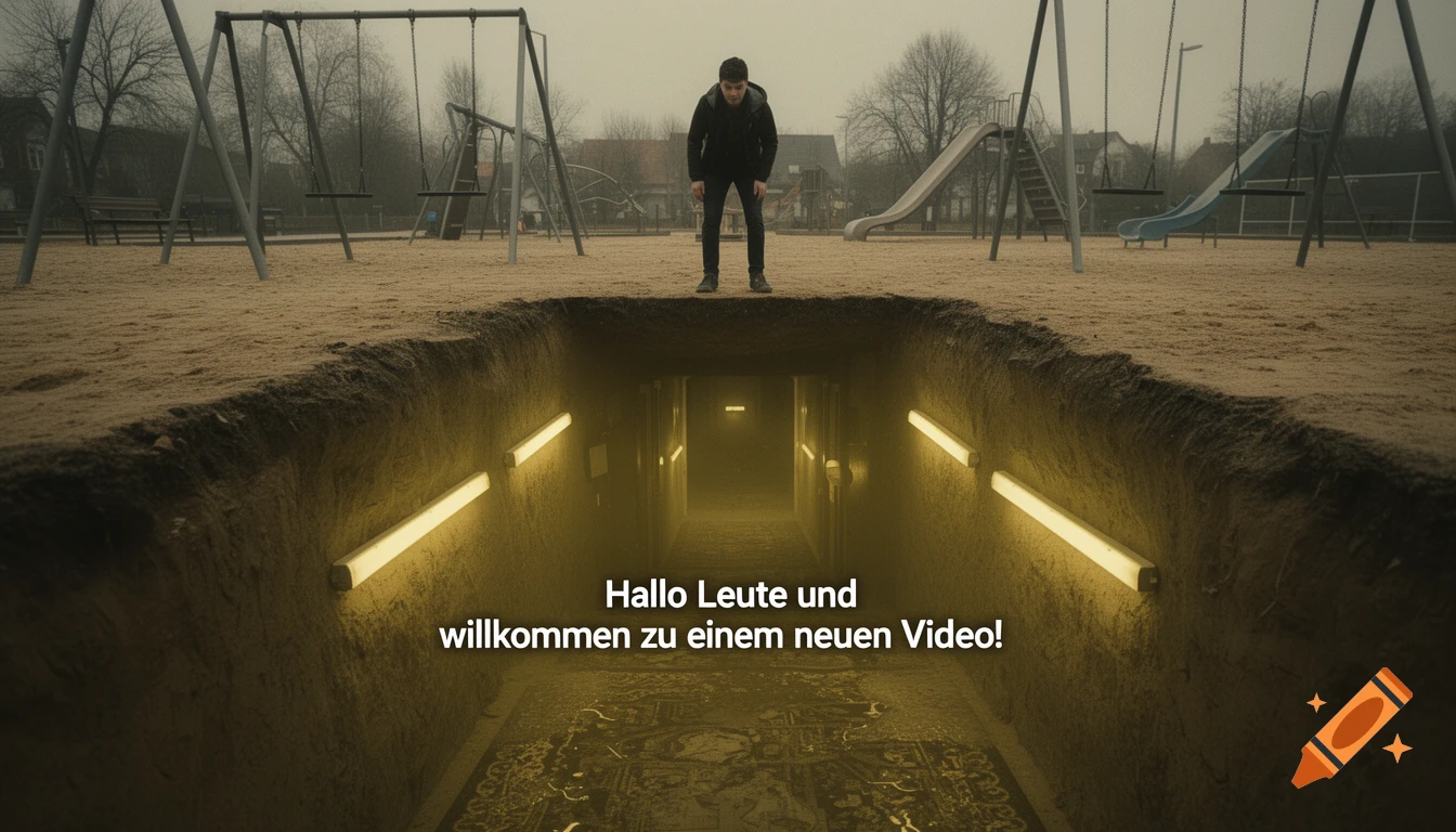 A man stands over a deep pit leading to a yellow-lit underground tunnel with text, set in a desolate playground.