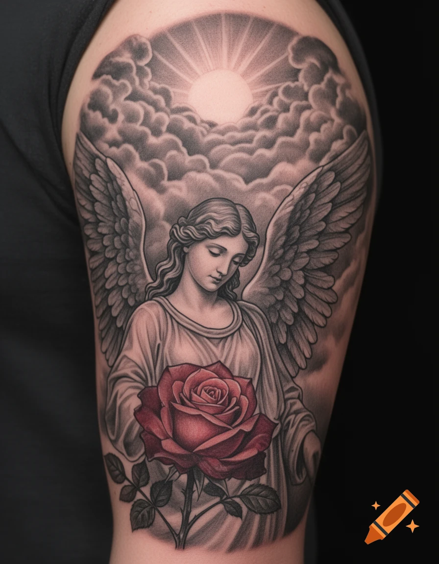 Detailed grayscale tattoo on an arm depicting an angel with wings holding a red rose, with clouds and a radiant sun behind her.