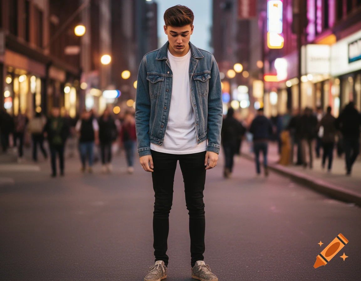 Young man in a denim jacket stands dejectedly on a city street at night, with blurred lights and people in the background.